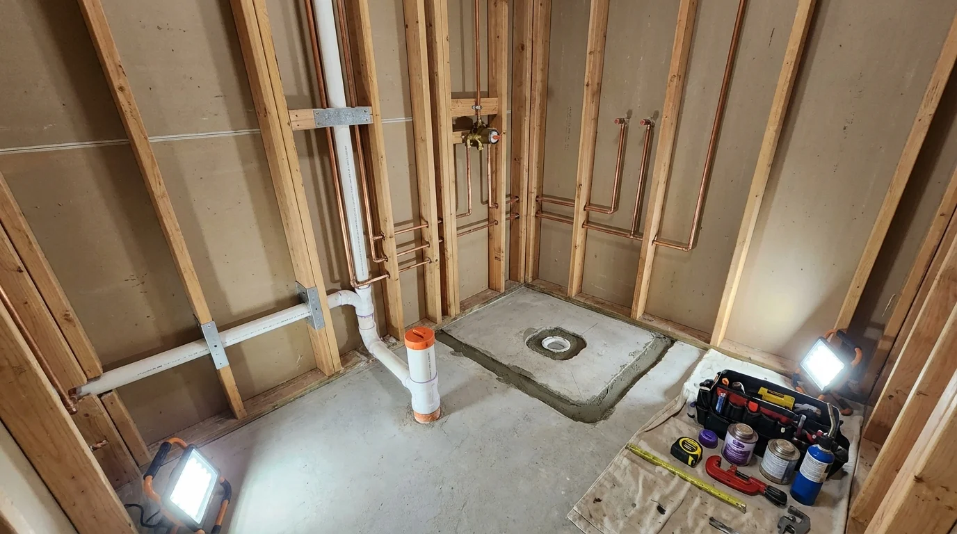 Bathroom rough-in plumbing during remodel by Johns Plumbing LLC in Catlin