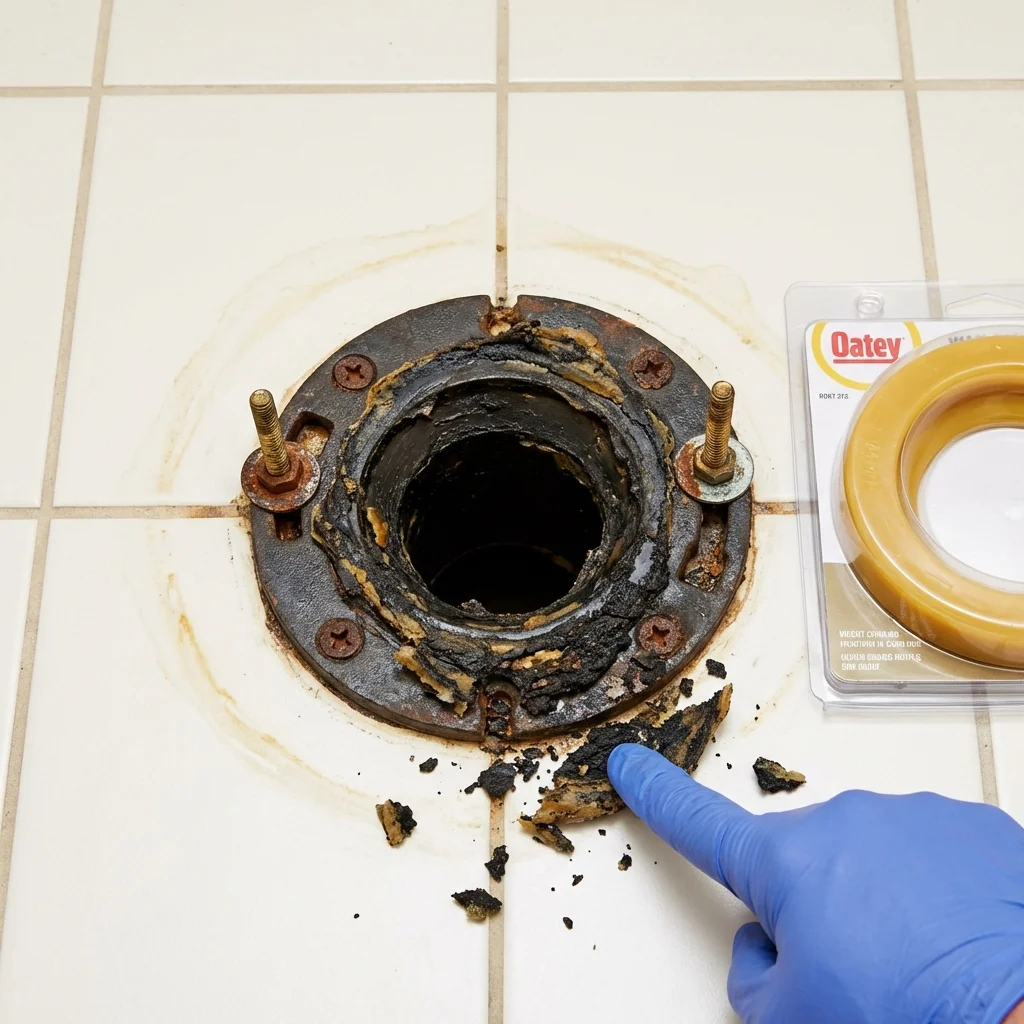 Failed wax ring showing water seepage at the base of a toilet in a Catlin, IL home